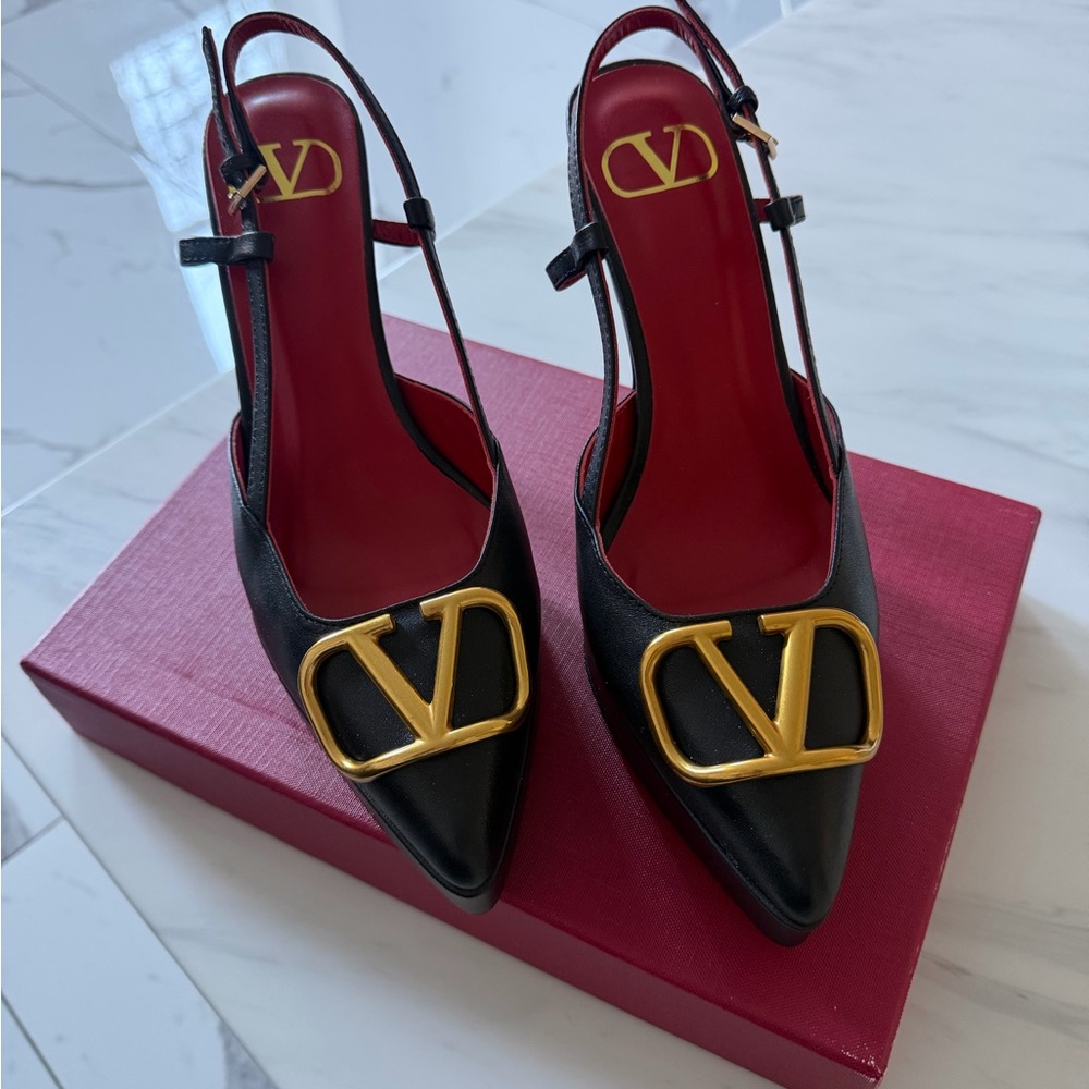 Valentino Black Leather Slingback Pumps with Gold V Emblem